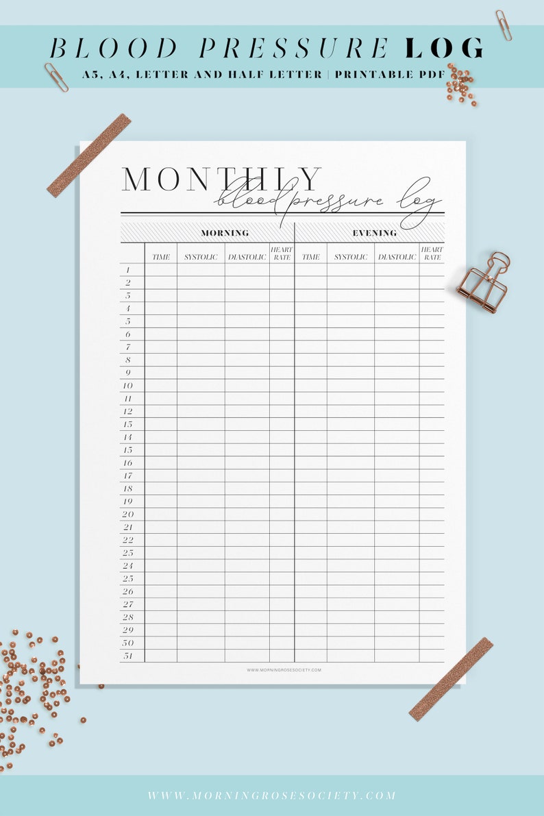 Blood Pressure Log Printable Template. A4, A5, Letter and Half Letter ...
