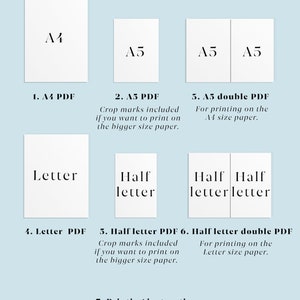 May include: A graphic showing the different sizes of printable PDFs included in a digital download. The sizes include A4, A5, Letter, and Half Letter. The graphic also includes information about crop marks and double-sided printing.