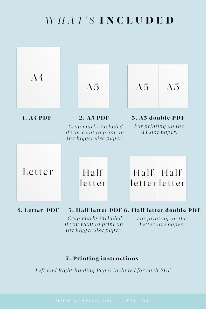 May include: A graphic showing the different sizes of printable PDFs included in a digital download. The sizes include A4, A5, Letter, and Half Letter. The graphic also includes information about crop marks and double-sided printing.