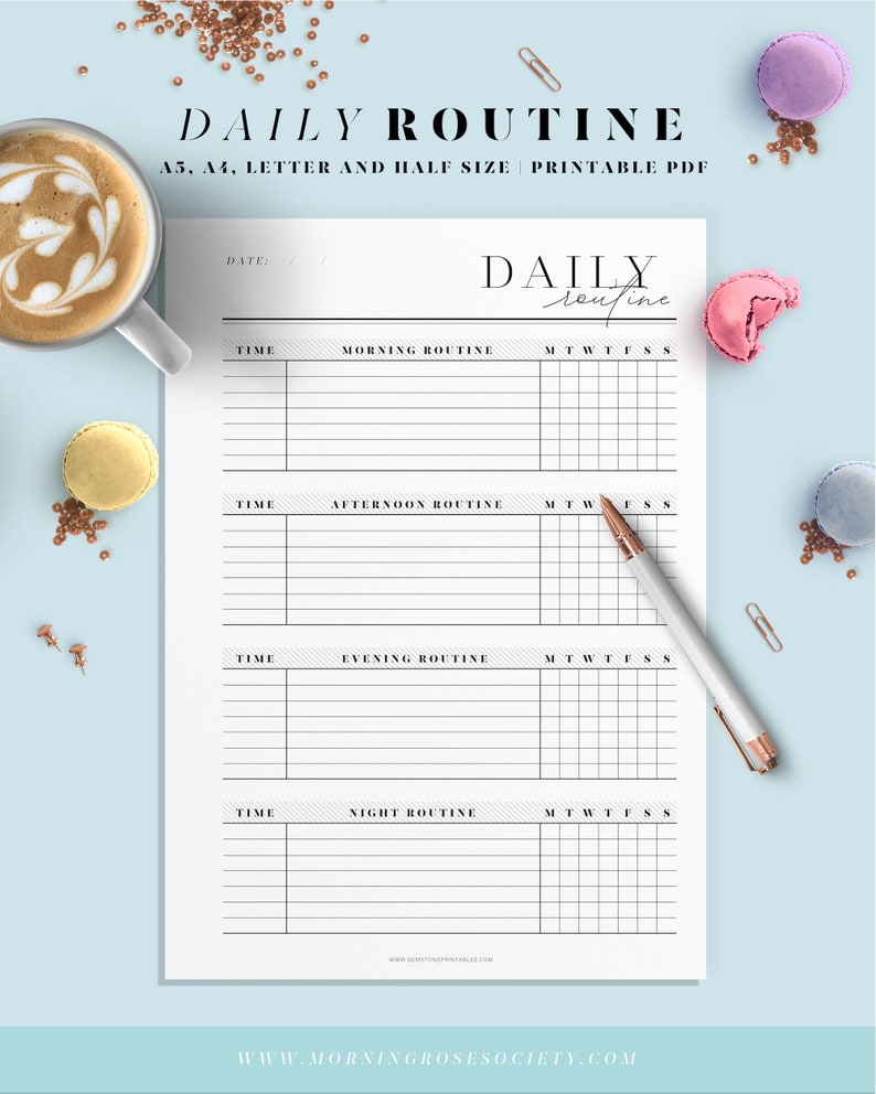 May include: A printable daily routine planner in black and white with sections for morning, afternoon, evening, and night routines. The planner includes a space for the date and a column for each day of the week. The text "DAILY ROUTINE" is at the top of the page.