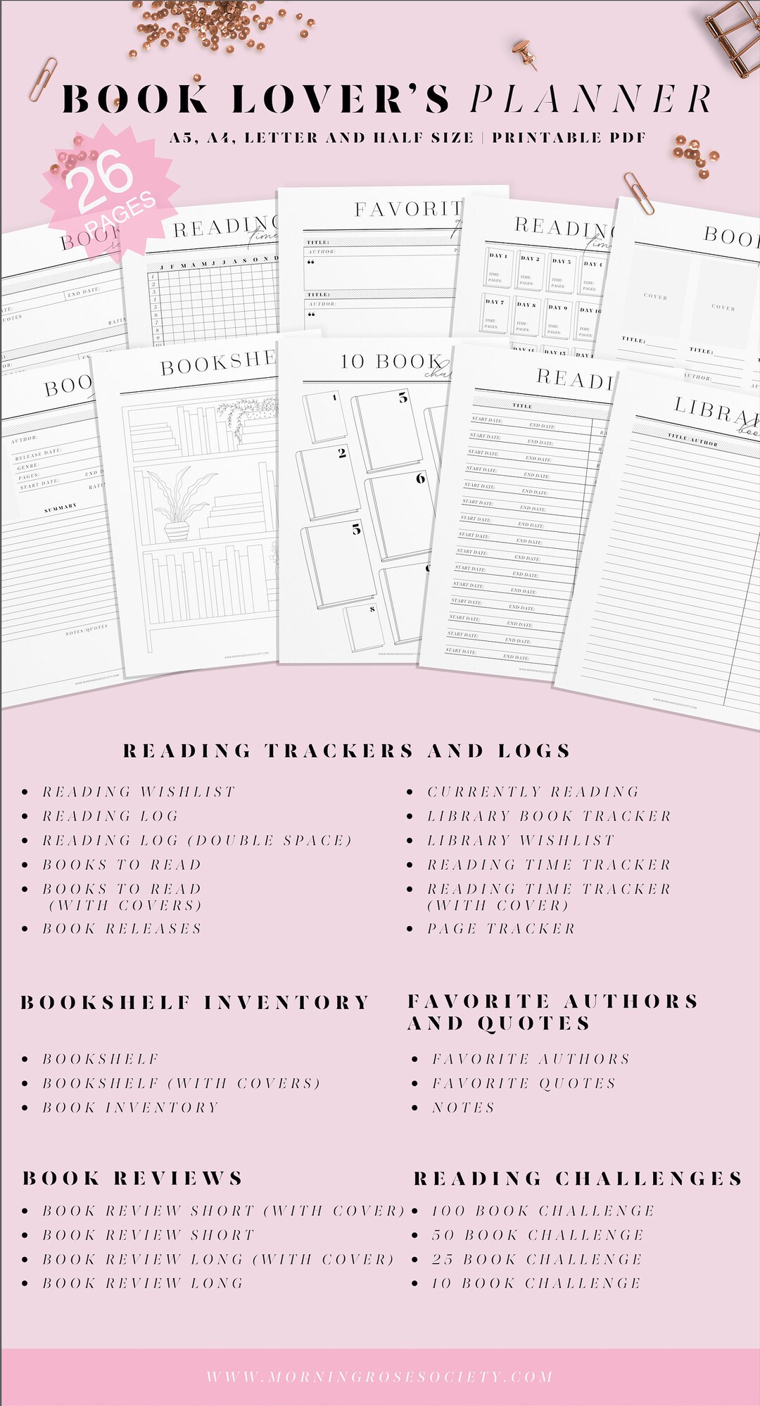 Book Lover's Printable Planner. Reading Journal and Book Tracker. A4, A5, Letter and Half Letter ...