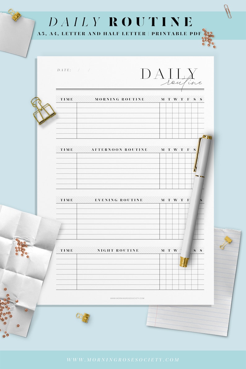May include: A printable daily routine planner with sections for morning, afternoon, evening, and night routines. The planner includes a space for the date and a column for each day of the week.