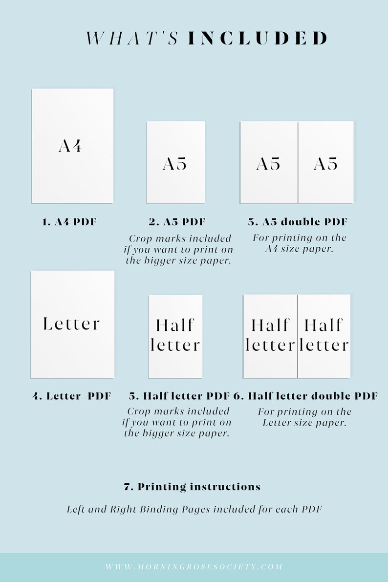 May include: A graphic showing the different sizes of printable PDFs included in a digital download. The sizes include A4, A5, Letter, and Half Letter. The graphic also includes information about crop marks and double-sided printing.