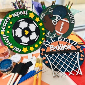 SportsArt party kid craft, Paint Kit, DIY Birthday, Wood, Sports, Summer, Paint, Craft, Kid&#39;s Activity, Girl, Boy, unfinished wood, paint