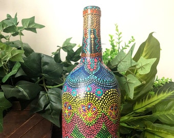 Decorative wine bottle Hand painted Mandala art Dot painting