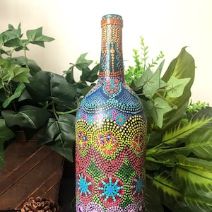 Decorative wine bottle Hand painted Mandala art Dot painting