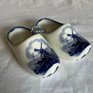 Vintage Delft Blue Dutch Ceramic Clogs – Hand-Painted Holland Windmill Souvenir