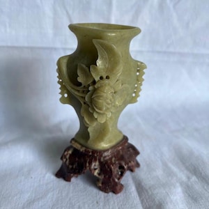 Vintage Hand-Carved Soapstone Vase with Floral Design
