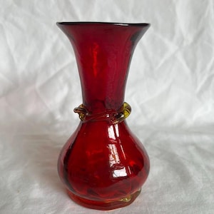 Vintage Red Art Glass Vase with Amber Accent | Mid Century Modern Decorative Vase