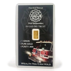 Bomberos y Rescate - Lingote de oro fino de 24 k de 1 grano, 0.999, con certificado de autenticidad