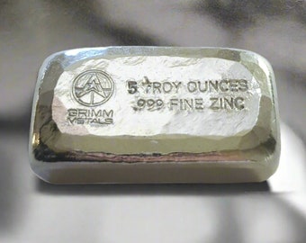 5 Troy Ounce .999 Fine Zinc Bullion Bar - Hand Poured - Hand Stamped - GRIMM METALS