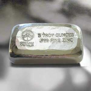 5 Troy Ounce .999 Fine Zinc Bullion Bar - Hand Poured - Hand Stamped - GRIMM METALS