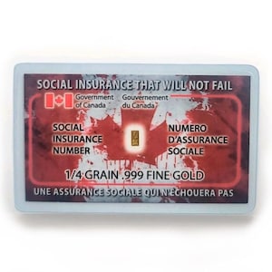 Seguridad Social Canadiense - Lingote de oro fino de 24 quilates de 0,999 ¼ de grano en tarjeta COA