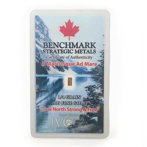 Canada Strong - Lingote de oro fino de 24 quilates de 0,999 quilates y 1/4 de grano en tarjeta COA
