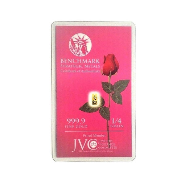 Red Rose - 1/4 Grain .9999 Fine 24k Gold Bullion Bar In COA Card