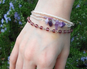Purple Glass Bead, Amethyst, & Silver Multi-Chain Bracelet