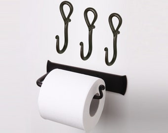 Bathroom Set of 3 Iron Hooks And Hand Forged Toilet Paper Holder