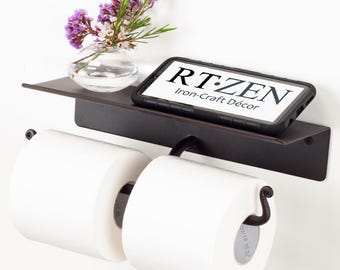 Double Toilet Paper Holder With Shelf, Rustic Farmhouse TP Roll Hanger