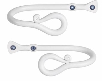 Small Decorative Curtain Holdbacks | Set of 2 | Wrought Iron Window Drapery Tiebacks | Handmade Rod Drape Tieback Hooks (White)