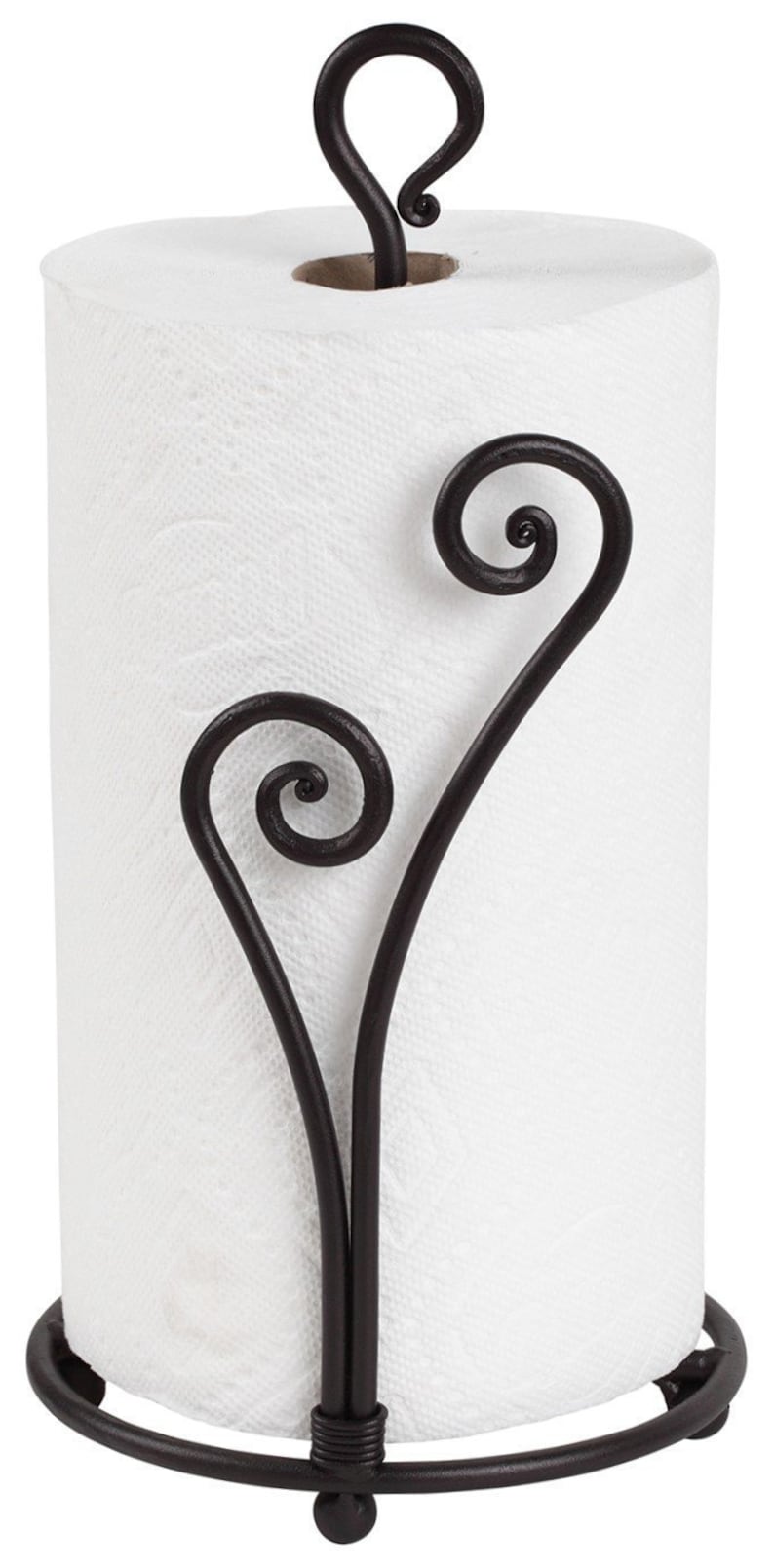 May include: Black metal paper towel holder with a decorative scroll design. The holder has a round base and a hook at the top.