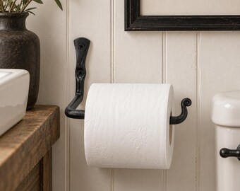 Vintage Style Toilet Paper Holder, Black Wrought Iron Wall Mount, Fits Jumbo Rolls