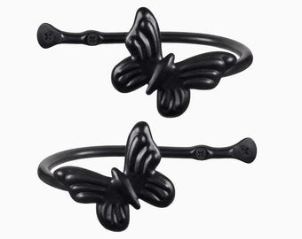 Pair Of Wrought Iron Curtain Holdbacks, Black Butterfly Design, Polished Finish Drape Hooks Hold Backs, Rustic Home Décor
