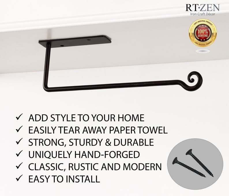 Pode incluir: Porta-toalha de papel de metal preto com um design de rolo. O suporte &eacute; montado em uma prateleira e inclui parafusos para instala&ccedil;&atilde;o.  "ADD STYLE TO YOUR HOME"  "EASILY TEAR AWAY PAPER TOWEL"  "STRONG, STURDY & DURABLE"  "UNIQUELY HAND-FORGED"  "CLASSIC, RUSTIC AND MODERN"  "EASY TO INSTALL"