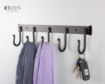 Wrought Iron Coat Rack with 5 Hooks, Wall Mount, Handmade Key Holder, Hat Hanger, Entryway Organizer