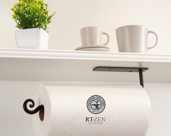 Paper Towel Holder Under Cabinet for Kitchen Storage in Black, Iron Hook Hand Forged, Space Saving Cabinet Hardware