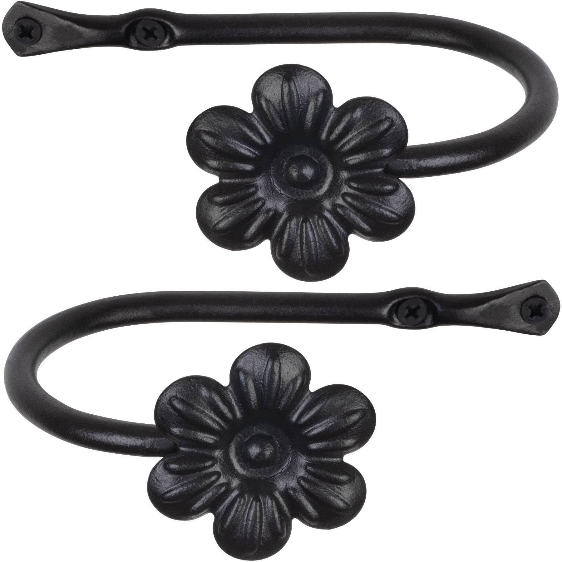 Pair Of Wrought Iron Curtain Holdbacks, Black Flower Design, Polished Finish Drape Hooks Hold Backs, Rustic Home Decor