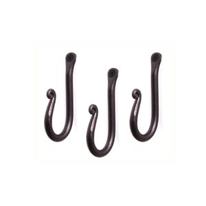 May include: Three black metal hooks with a decorative swirl at the top of each hook.