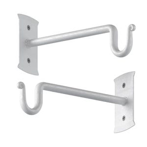 May include: Two white metal wall mounted towel bars with a curved hook on the end.