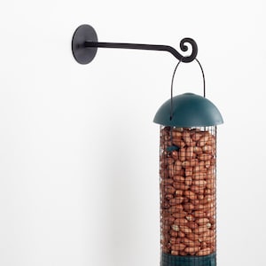 May include: A black metal bird feeder hanger with a decorative curl at the end. A green bird feeder filled with peanuts is hanging from the hook.
