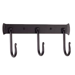 May include: Black metal pot rack with three hooks. The rack is mounted to a wall and has a hammered finish.
