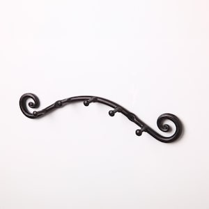May include: Black metal wall-mounted hook with a curved design and five hooks. The hooks are in the shape of a swirl.