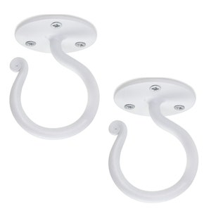 May include: Two white metal ceiling hooks with a decorative swirl design. The hooks are mounted on a round base with three screws.