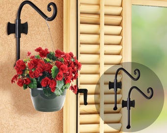 Hanging Plant Hanger Outdoor, Set of 2 Bird Feeder Wall Hooks, Black Metal Plant Bracket Hook for Hanging Flower Baskets - 8 inch