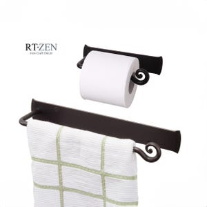 Iron Bathroom Accessories Set, Towel Rack and Toilet Paper Holder, Handcrafted Wrought Iron Decor