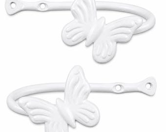 Pair Of Wrought Iron Curtain Holdbacks, White butterfly Design, Polished Finish Drape Hooks Hold Backs, Rustic Home Decor