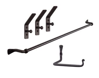 Set of Black Iron Bathroom Accessories: Body Towel Hanger, Toilet Paper Holder Set of 3 Hooks