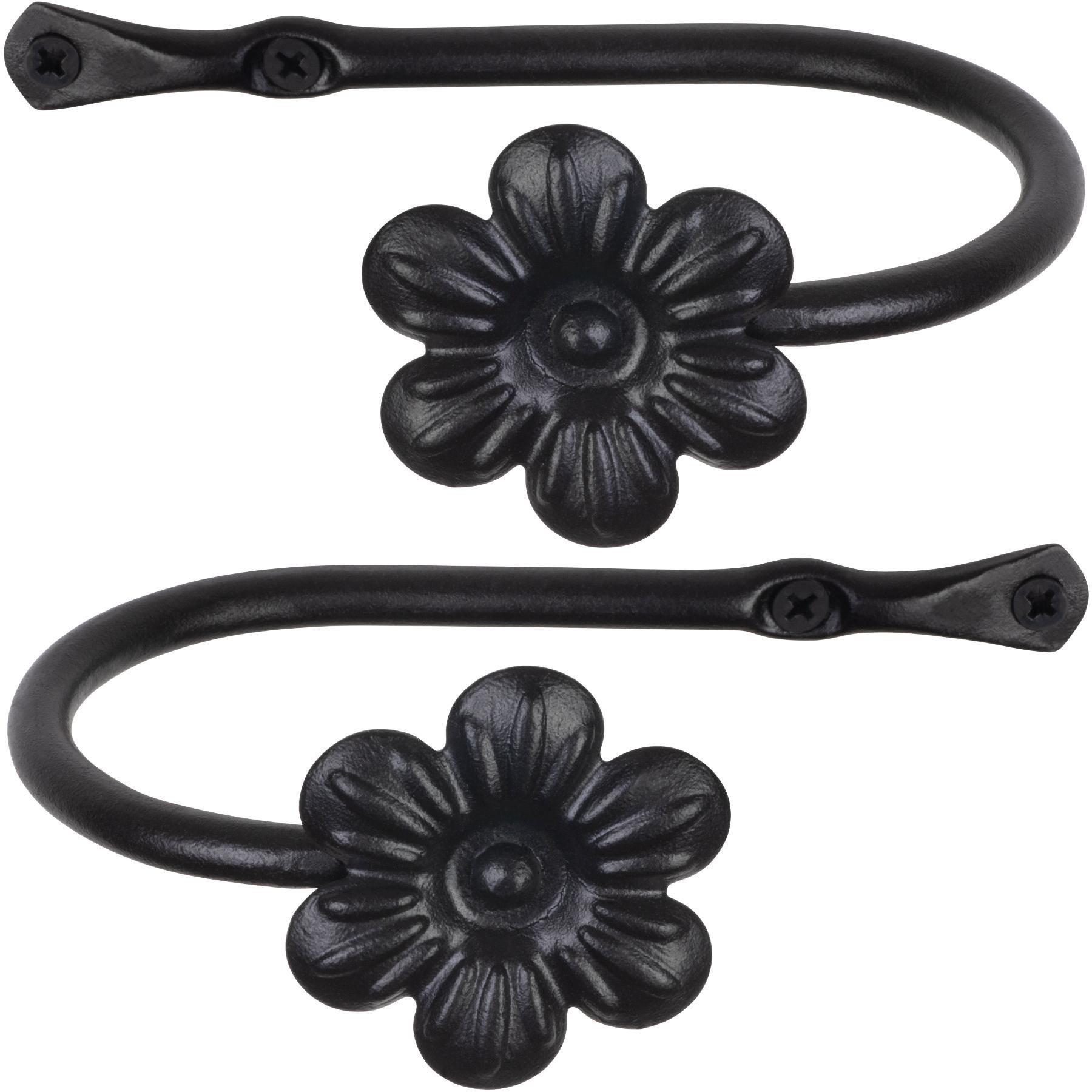 Decorative Curtain Holdbacks | Set of 2 | Wrought Iron Window Drapery Tiebacks | Handmade Rod Drape Tieback Hooks (Black)