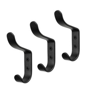 Decorative Double Iron Wall Clothes Hanger, Set of 3 Indoor Hanger, Hand-Forged Towel Robe Hanger, Kitchen Hooks, Black Hooks