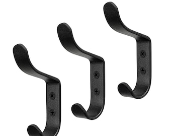 Decorative Double Iron Wall Clothes Hanger, Set of 3 Indoor Hanger, Hand-Forged Towel Robe Hanger, Kitchen Hooks, Black Hooks