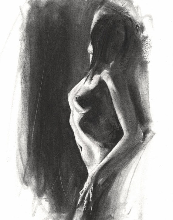 ORIGINAL Charcoal Figure Drawing Seated Nude Female Figure-Large Life drawi...