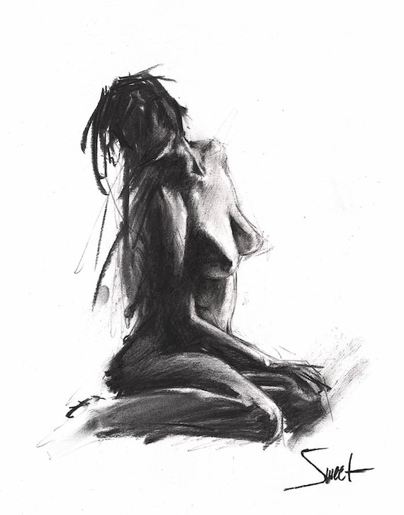 Charcoal Life Drawing Charcoal Drawing Bathroom Decor Figure Wall Art Nude Woman Naked Wall Art Naked Woman Art Sexy Art - 