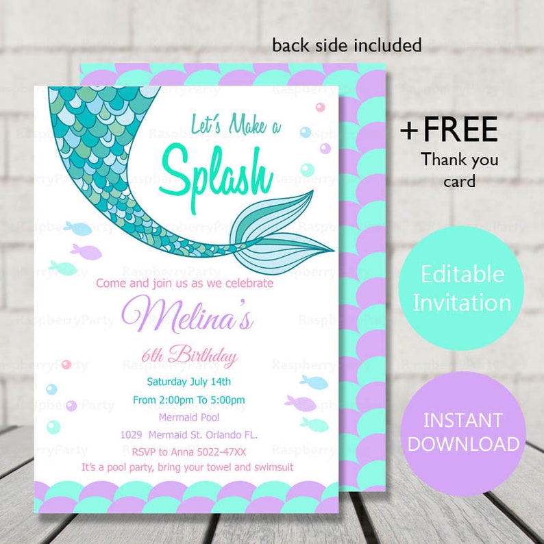 Mermaid Birthday Invitation Mermaid Invites Purple Mermaid Etsy