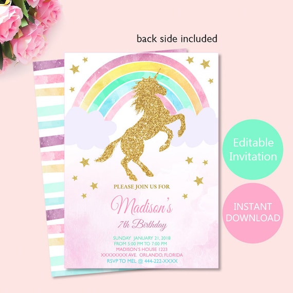 Rainbow Unicorn Invitation Watercolor unicorn Invitation | Etsy