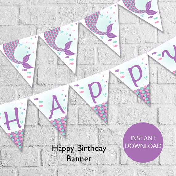 Mermaid Banner Happy Birthday Banner Mermaid Birthday Etsy