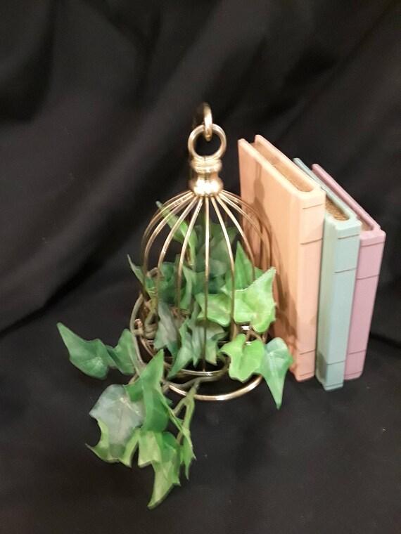 Home Interior Brass Bird Cage With Greenry And 3 Solid Wood Books
