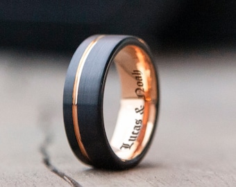 Engrave Man Ring| Birthday gift for the Best Friend| Father&#39;s Day Gift| Gift for him| Satin Black&Rosegold Tungsten Ring| Gift Wrapping